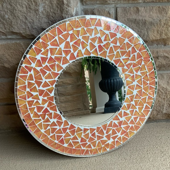 Vintage Early 2000’S Mosaic Tile Orange Round Ceramic Wall Mirror 19” Diameter - Picture 2 of 12